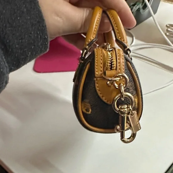 Coach Black Mini Floral Satchel Keychain with Mustard Trim - Picture 2 of 5